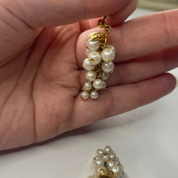 Elegant Gold and White Faux Pearl Earrings with gold tone leaf accents - Picture 2 of 2